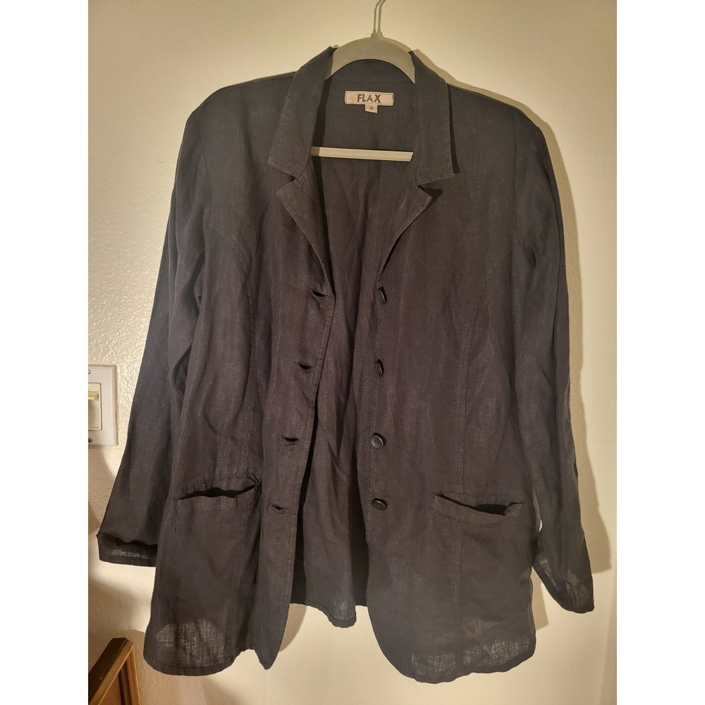 FLAX 100% Linen Jacket Blazer Womens Small Black Quiet Luxury Capsule Minimalist